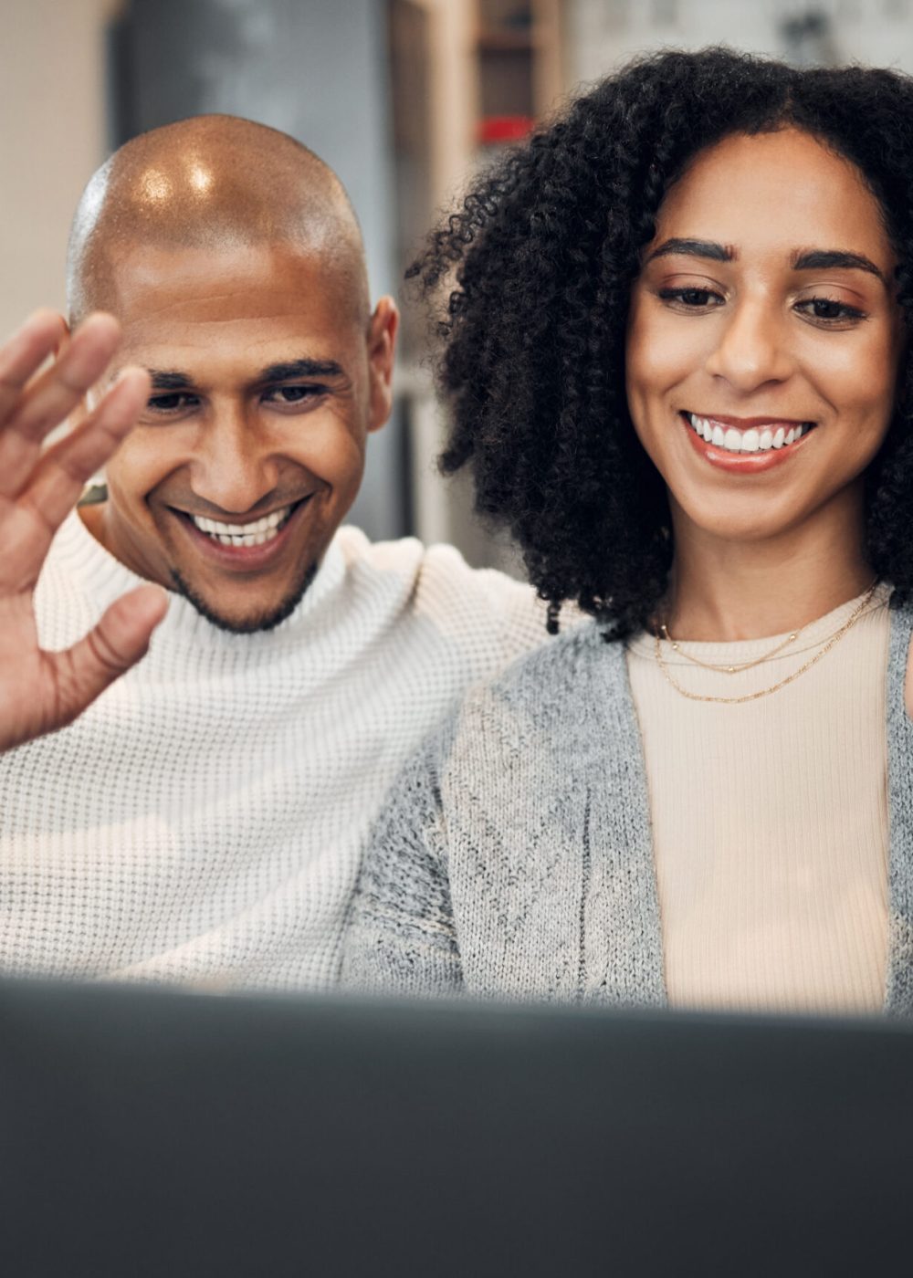 Couple wave, laptop and video call, communication and happy people at home, technology and virtual .